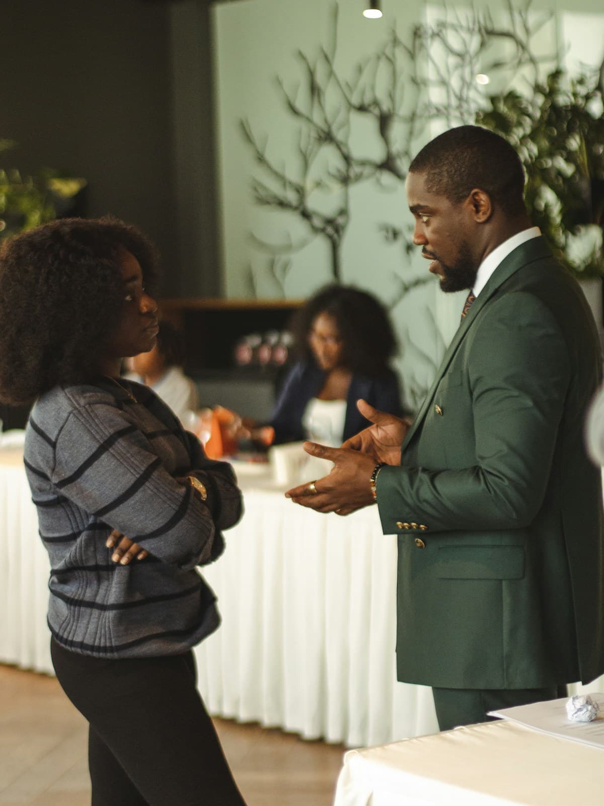 Two professionals talking in a meeting room