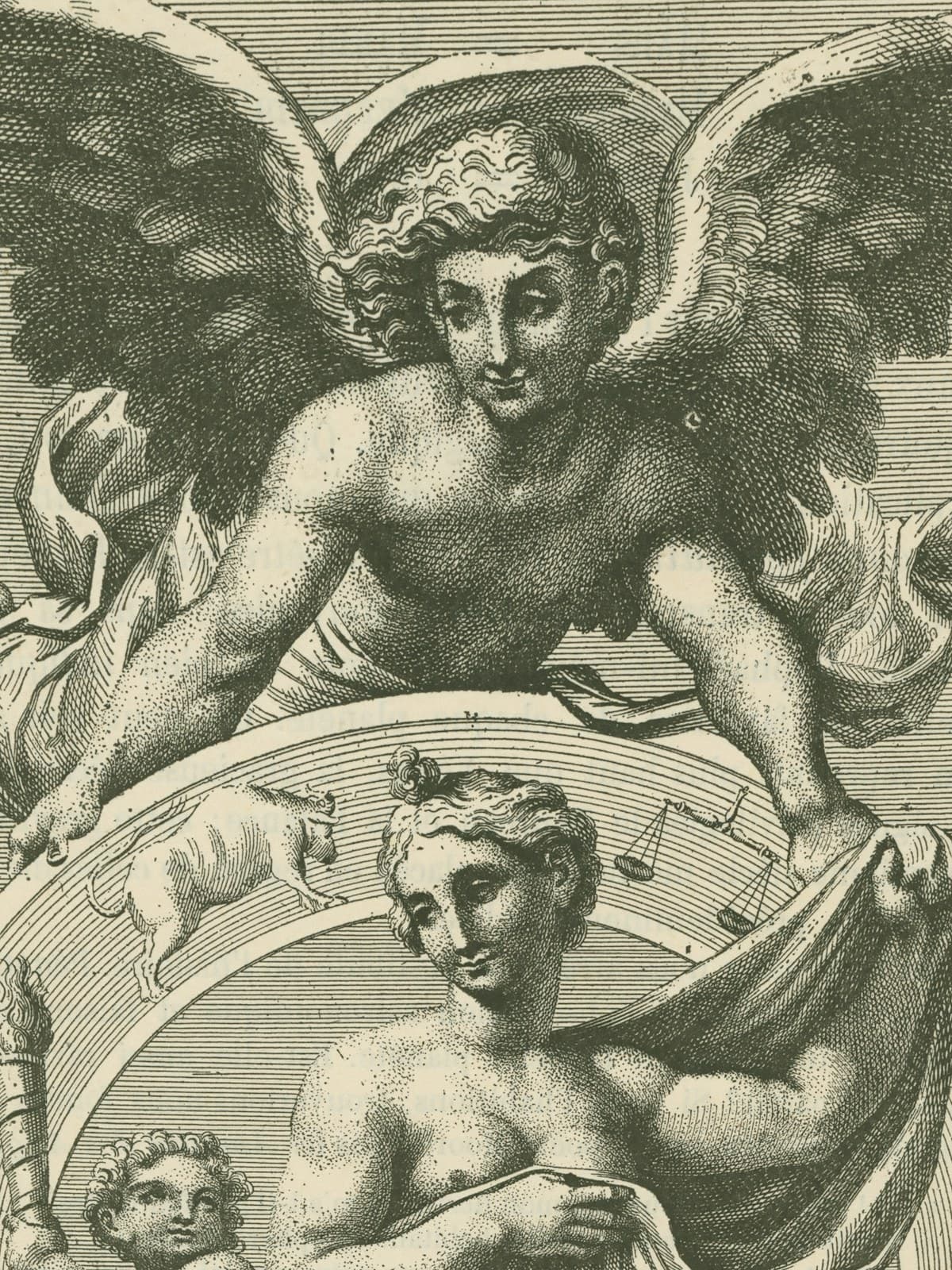 An engraving of a winged figure above mythological figures and zodiac symbols