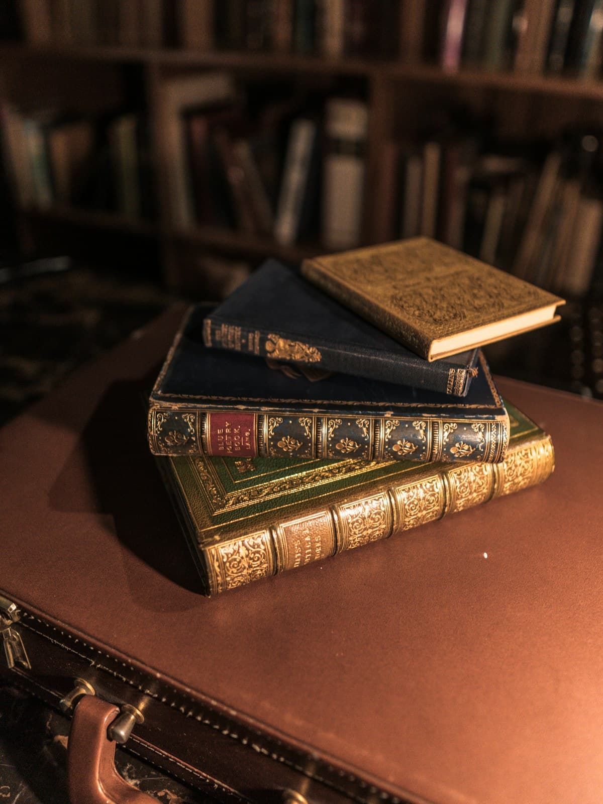 A small stack of old leather-bound books on a desk