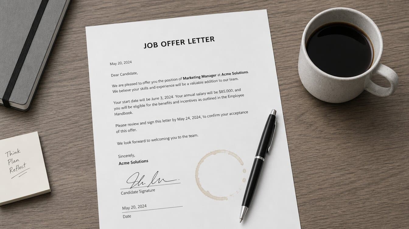 Carta de oferta de trabajo firmada junto a un bolígrafo y una marca de café, reflejo del arrepentimiento por aceptar demasiado rápido