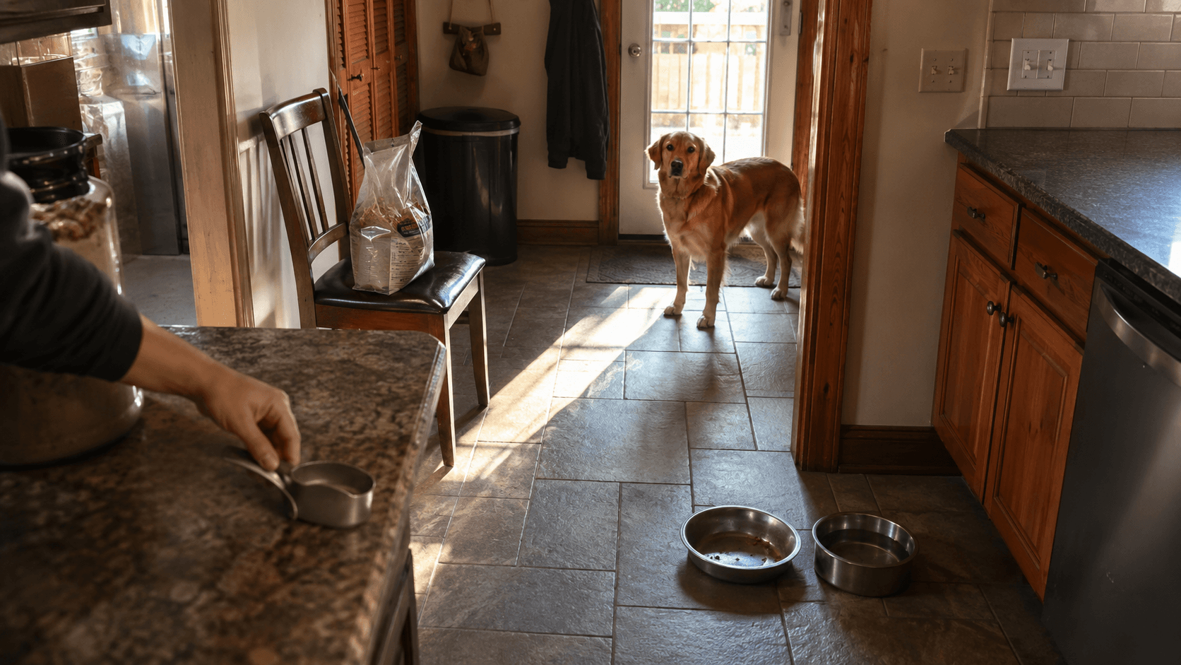 Une gamelle pour chien et un bol d’eau vides et propres sur le sol d’une cuisine, dans la lumière du matin