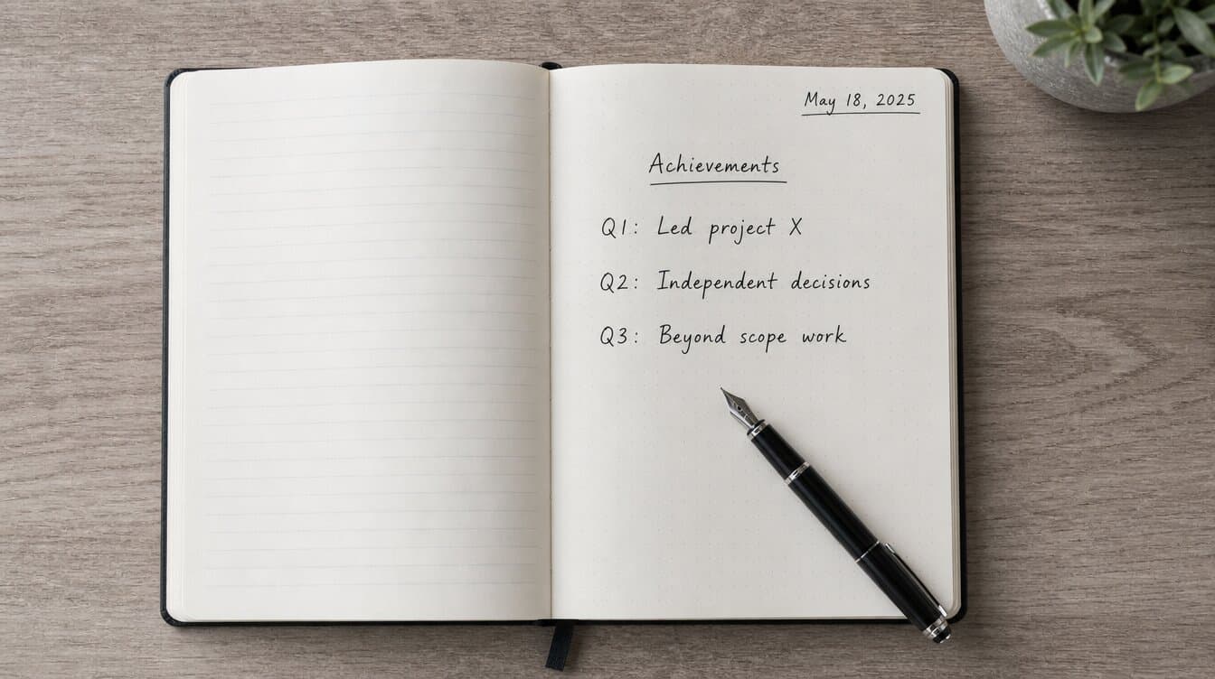 Cuaderno abierto con una lista manuscrita y fechada de logros: T1, proyecto liderado; T2, decisiones autónomas; T3, trabajo fuera de las funciones habituales; junto a una pluma estilográfica