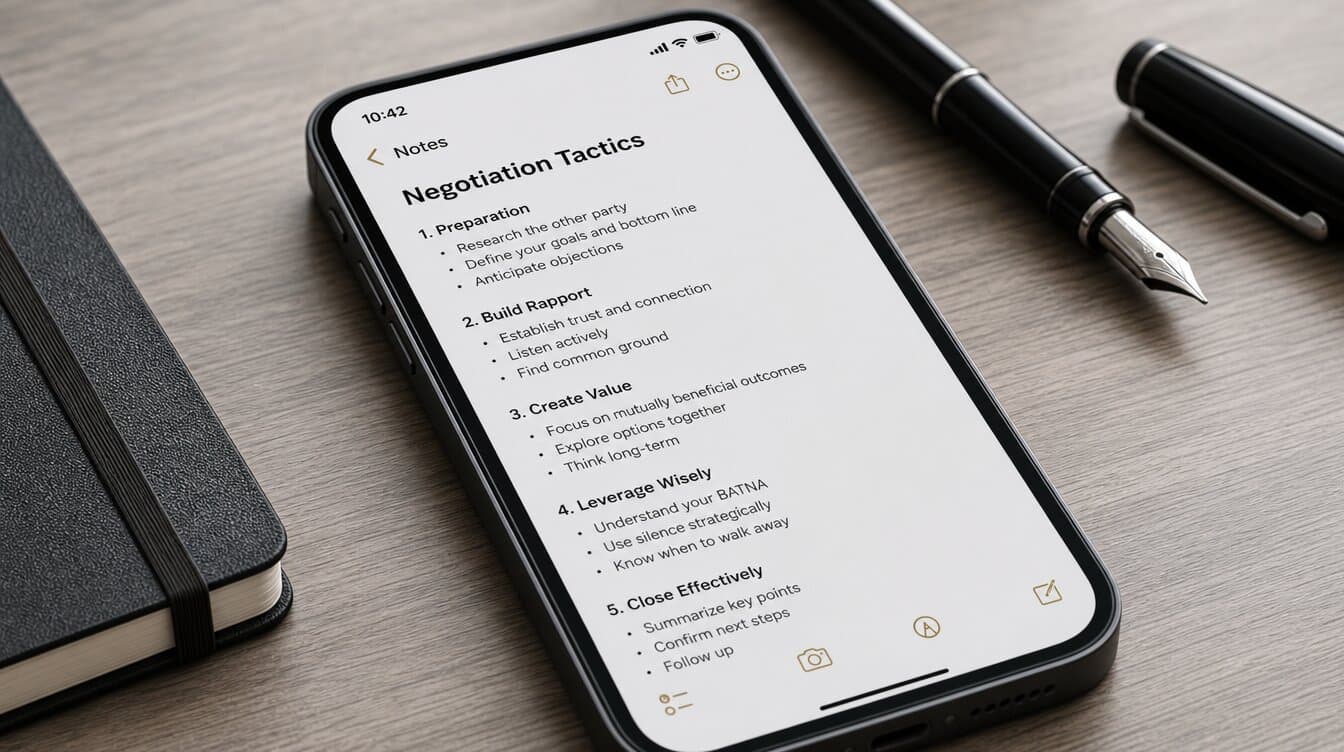 Smartfon z notatkami o technikach negocjacyjnych, notes i długopis na biurku — psychologia negocjacji z zakładnikami zastosowana w rozmowie o wynagrodzeniu