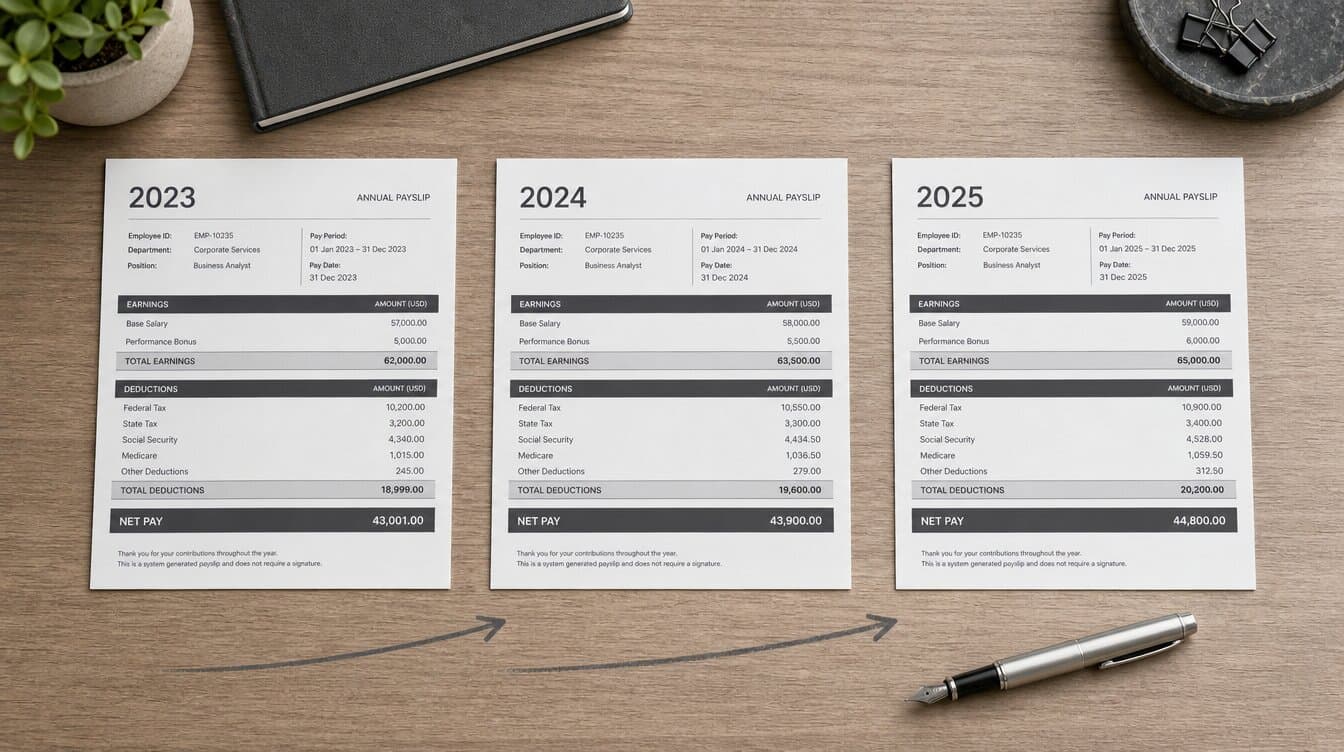 Tre buste paga annuali dal 2023 al 2025 con una freccia di crescita, simbolo di aumenti lenti ed errori che si accumulano