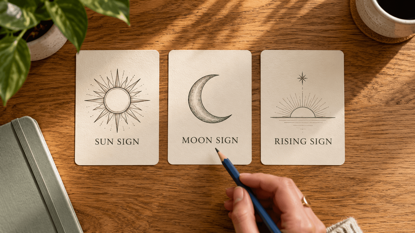 Drei Karten vergleichen Sonnenzeichen, Mondzeichen und Aszendent in der Astrologie.