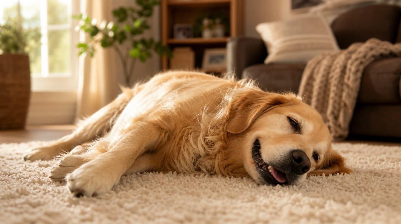 Perro relajado tumbado de lado sobre una alfombra, con postura suelta y la boca ligeramente abierta