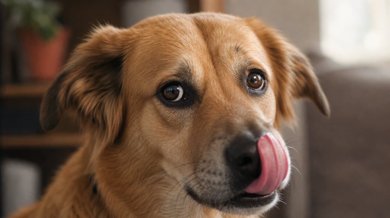 Perro lamiéndose la nariz, con las orejas ligeramente hacia atrás y mostrando el blanco de los ojos, una señal sutil de estrés antes de morder